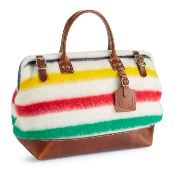 Billykirk Hudson’s Bay Blanket Fabric Carryall Bag Satchel in Tan Saddle  Leather